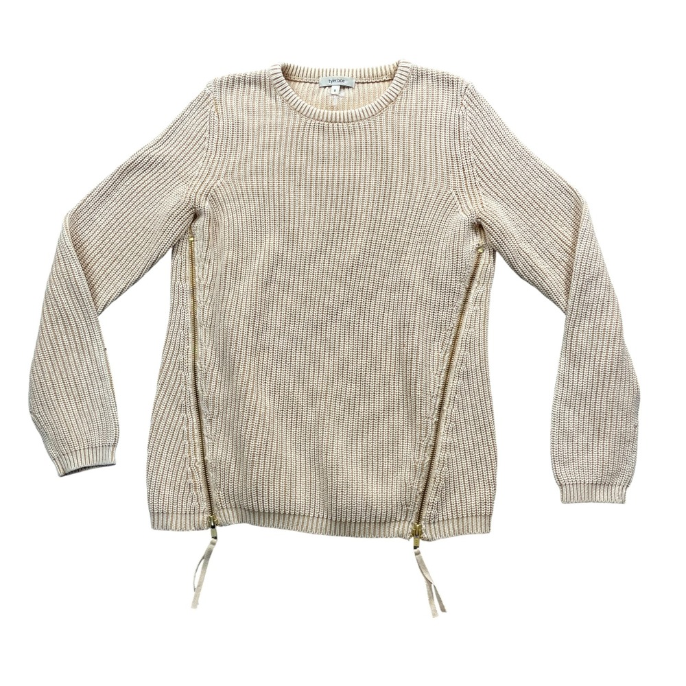 Tyler Boe Small Cream Beige Long Sleeve Side Zips Sweater 100%‎ Cotton Crew Neck